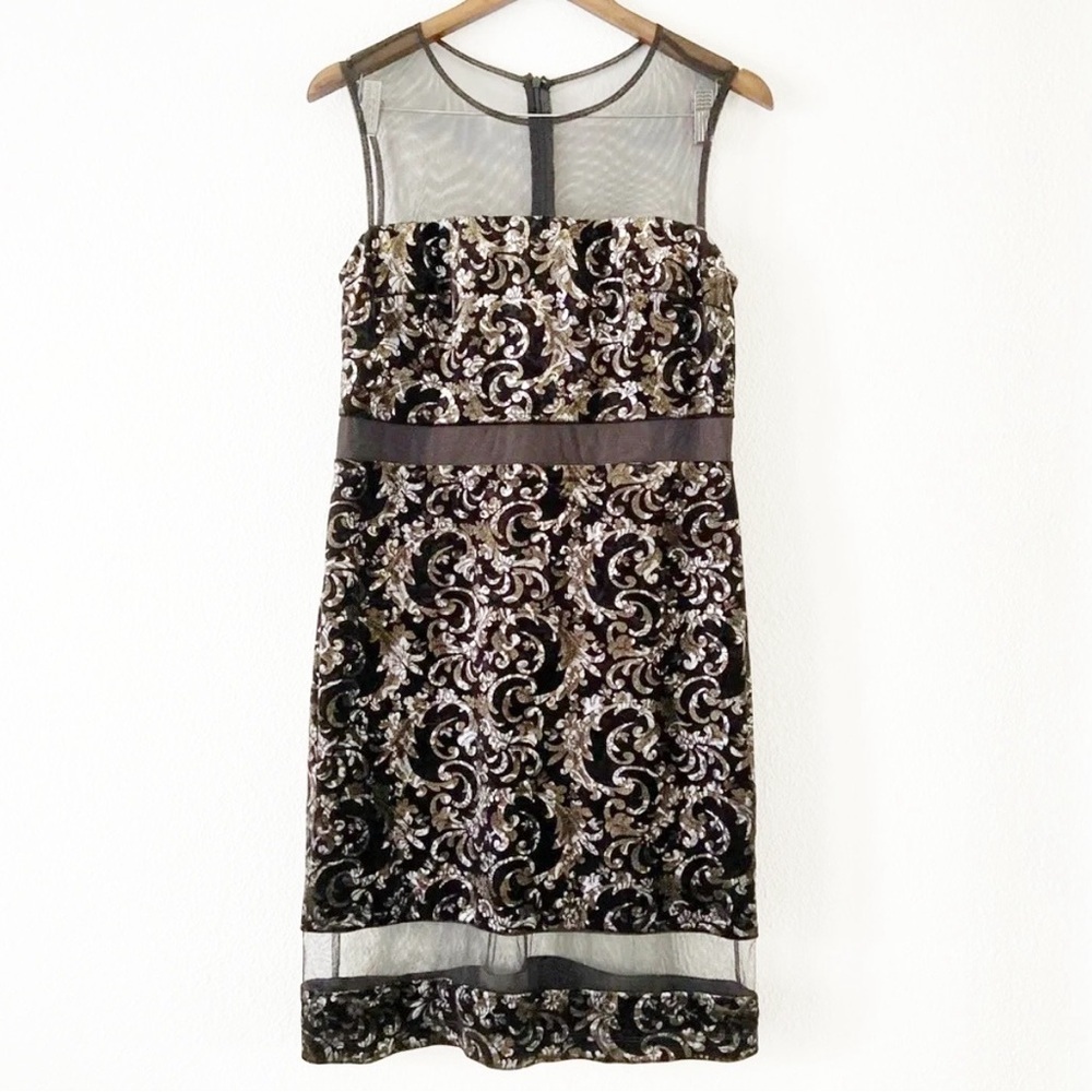 Scarlett Velvet Mesh Panel Metallic Filigree Dress Holiday Size 10 Glamorous